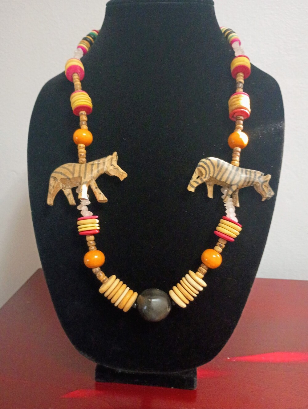 Vintage Tribal Animal Multicolor Wood Beaded Necklace